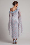 Dusty Blue One Shoulder Beaded Long Mother of the Bride Dress with Ruffles