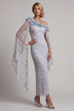 Dusty Blue One Shoulder Beaded Long Mother of the Bride Dress with Ruffles
