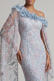 Dusty Blue One Shoulder Beaded Long Mother of the Bride Dress with Ruffles