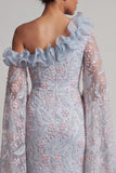 Dusty Blue One Shoulder Beaded Long Mother of the Bride Dress with Ruffles