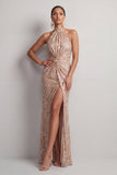 Sparkly Champagne Halter Mermaid Ruched Maxi Dress with Slit