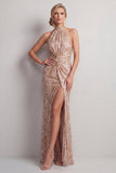 Sparkly Champagne Halter Mermaid Ruched Maxi Dress with Slit