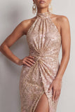 Sparkly Champagne Halter Mermaid Ruched Maxi Dress with Slit