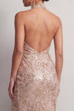 Sparkly Champagne Halter Mermaid Ruched Maxi Dress with Slit