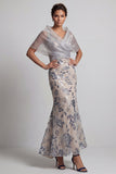 Silver Mermaid V-Neck Sequin Mother of the Bride Dress with Cape