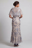 Silver Mermaid V-Neck Sequin Mother of the Bride Dress with Cape