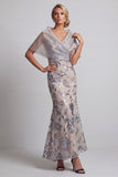 Silver Mermaid V-Neck Sequin Mother of the Bride Dress with Cape