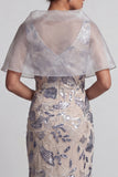 Silver Mermaid V-Neck Sequin Mother of the Bride Dress with Cape