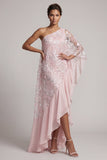 Pink One Shoulder Sequin Long Mother of the Bride Dress with Cape Sleeves