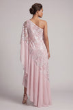 Pink One Shoulder Sequin Long Mother of the Bride Dress with Cape Sleeves