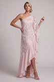 Pink One Shoulder Sequin Long Mother of the Bride Dress with Cape Sleeves
