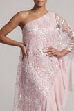 Pink One Shoulder Sequin Long Mother of the Bride Dress with Cape Sleeves