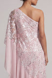 Pink One Shoulder Sequin Long Mother of the Bride Dress with Cape Sleeves