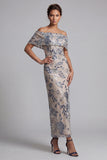 Navy Off the Shoulder Sheath Sequin Mother of the Bride Dress with Slit