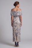 Navy Off the Shoulder Sheath Sequin Mother of the Bride Dress with Slit