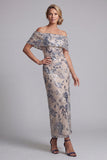 Navy Off the Shoulder Sheath Sequin Mother of the Bride Dress with Slit