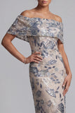 Navy Off the Shoulder Sheath Sequin Mother of the Bride Dress with Slit