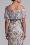 Navy Off the Shoulder Sheath Sequin Mother of the Bride Dress with Slit