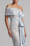 Dusty Blue Sheath Sequin Mother of the Bride Dress with Bow