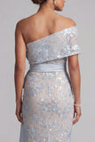 Dusty Blue Sheath Sequin Mother of the Bride Dress with Bow