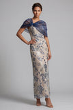 Sequin Sheath Navy Mother of the Bride Dress with Cape