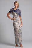 Sequin Sheath Navy Mother of the Bride Dress with Cape