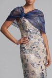 Sequin Sheath Navy Mother of the Bride Dress with Cape