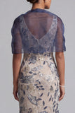 Sequin Sheath Navy Mother of the Bride Dress with Cape