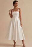 Elegant White A Line Spaghetti Straps Midi Engagement Dress