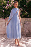 Blue A Line Pleaded V Neck Chiffon Wedding Guest Dress with Cape