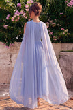 Blue A Line Pleaded V Neck Chiffon Wedding Guest Dress with Cape