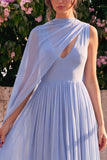 Blue A Line Pleaded V Neck Chiffon Wedding Guest Dress with Cape