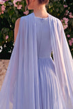 Blue A Line Pleaded V Neck Chiffon Wedding Guest Dress with Cape