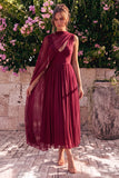 Blue A Line Pleaded V Neck Chiffon Wedding Guest Dress with Cape