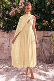 Blue A Line Pleaded V Neck Chiffon Wedding Guest Dress with Cape