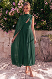 Blue A Line Pleaded V Neck Chiffon Wedding Guest Dress with Cape