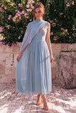 Blue A Line Pleaded V Neck Chiffon Wedding Guest Dress with Cape