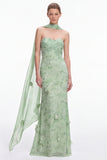 Dusty Sage Strapless Floral Mermaid Bridesmaid Dress with Scarf