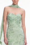 Dusty Sage Strapless Floral Mermaid Bridesmaid Dress with Scarf
