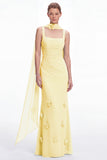Mermaid Dusty Sage Square Neck Long Bridesmaid Dress with Scarf