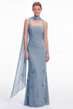 Mermaid Dusty Sage Square Neck Long Bridesmaid Dress with Scarf