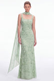 Mermaid Dusty Sage Square Neck Long Bridesmaid Dress with Scarf