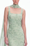 Mermaid Dusty Sage Square Neck Long Bridesmaid Dress with Scarf