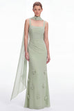 Mermaid Dusty Sage Square Neck Long Bridesmaid Dress with Scarf