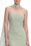 Mermaid Dusty Sage Square Neck Long Bridesmaid Dress with Scarf