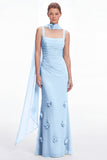 Mermaid Dusty Sage Square Neck Long Bridesmaid Dress with Scarf