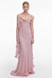 Pink 3D Floral Mermaid Long Bridesmaid Dress with Scarf