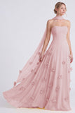 Daffodil Strapless A Line Long Bridesmaid Dress with 3D Flowers
