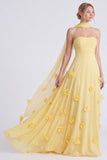Daffodil Strapless A Line Long Bridesmaid Dress with 3D Flowers