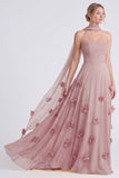 Daffodil Strapless A Line Long Bridesmaid Dress with 3D Flowers